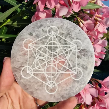 Szelenit korong Metatron kockája mintával, 10 cm